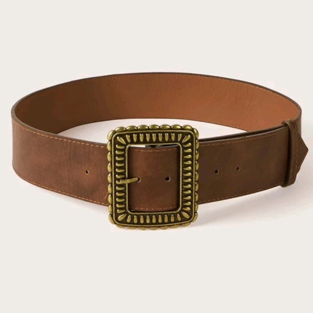 Women's wide brown vegan leather boho chic vintage big bronze buckle waist belt - Picture 8 of 17